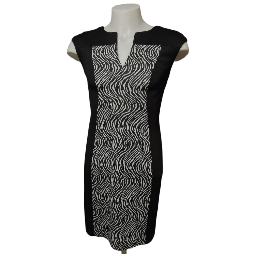 Connected Apparel Sheath Dress Womens 6 Black White Zebra Print Career Modern